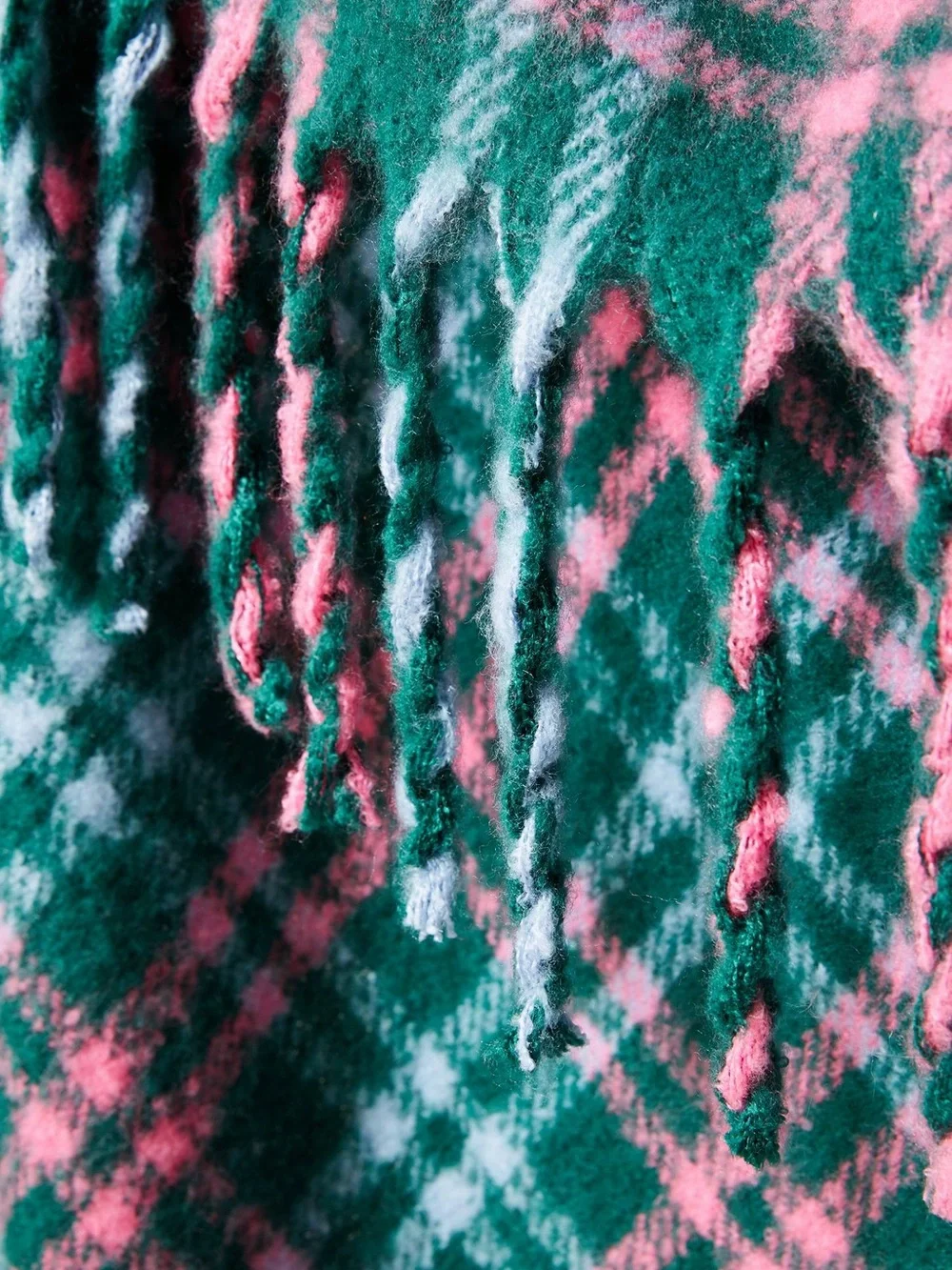 Anthropologie Green and Pink Plaid Fringe Throw Blanket